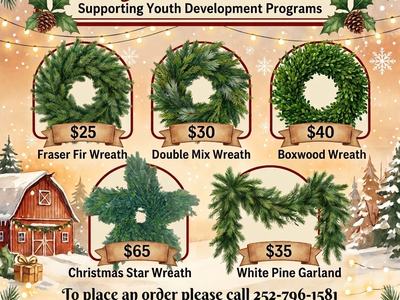 A festive flyer for the Tyrrell County 4-H Wreath & Garland Fundraiser featuring prices for Fraser Fir ($25), Double Mix ($30), Boxwood ($40), Christmas Star ($65) wreaths, and White Pine Garland ($40).