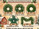 A festive flyer for the Tyrrell County 4-H Wreath & Garland Fundraiser featuring prices for Fraser Fir ($25), Double Mix ($30), Boxwood ($40), Christmas Star ($65) wreaths, and White Pine Garland ($40).