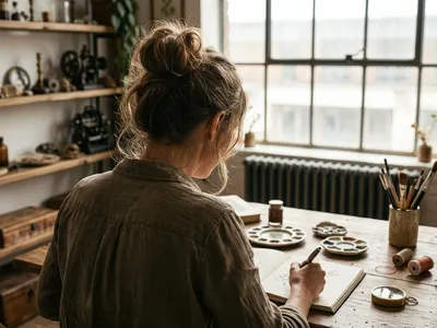 A woman observed from behind as she paints a watercolor. Her studio is cluttered, although there is an appealing large window.