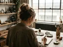 A woman observed from behind as she paints a watercolor. Her studio is cluttered, although there is an appealing large window.