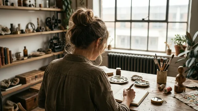 A woman observed from behind as she paints a watercolor. Her studio is cluttered, although there is an appealing large window.