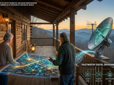 Illustration of rustic log cabin porch, hand-hewn wood beams, and a wrap-around deck overlooking layered, misty-blue mountain ranges at sunset. A pair of adults are actively engaged at a glowing digital "hand loom."