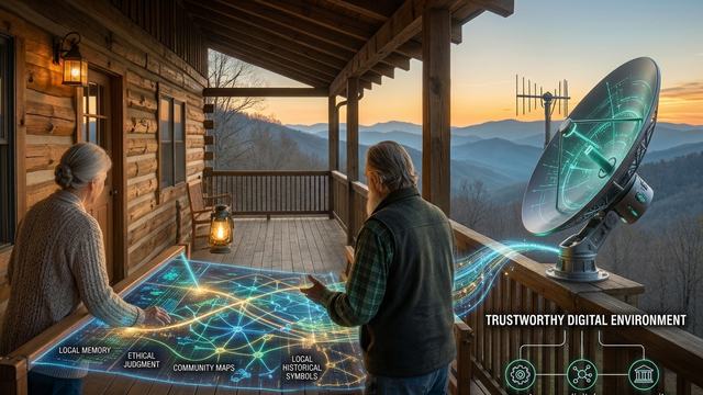 Illustration of rustic log cabin porch, hand-hewn wood beams, and a wrap-around deck overlooking layered, misty-blue mountain ranges at sunset. A pair of adults are actively engaged at a glowing digital "hand loom."
