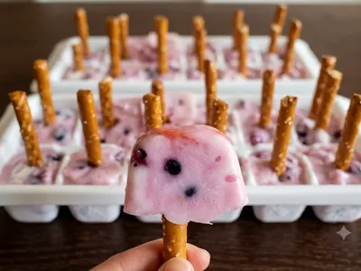 Gemini AI altered image of a pink yogurt pop with blueberries and a pretzel stick handle, in front of an ice cube tray of them.