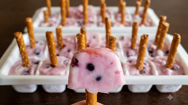 Gemini AI altered image of a pink yogurt pop with blueberries and a pretzel stick handle, in front of an ice cube tray of them.