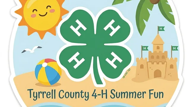 A circular 4-H beach-themed sticker featuring a central clover, sun, sandcastle, and beach ball. Text below reads: "Tyrrell County 4-H Summer Fun."
