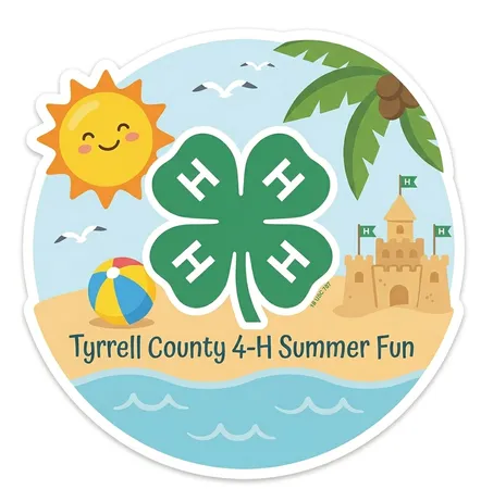 A circular 4-H beach-themed sticker featuring a central clover, sun, sandcastle, and beach ball. Text below reads: "Tyrrell County 4-H Summer Fun."
