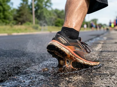 A running shoe has a rubber sole melting on the hot concrete