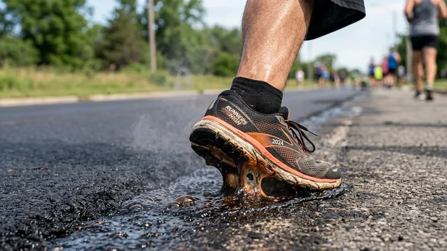 A running shoe has a rubber sole melting on the hot concrete