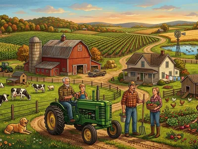 Animated graphic depicting farmland with barns and cows and crops with different generations of family members working the farm including a young boy riding on a tractor with a grandfather figure