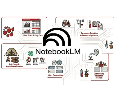 Decorative image.  NotebookLM logo surrounded by potential use cases including field trials, research synthesis, 4-H camp, quiz generation and community response toolkit on a circuitboard background.