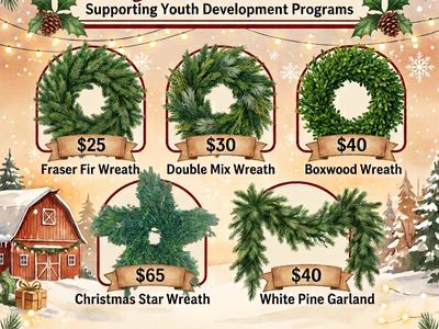 A festive flyer for the Tyrrell County 4-H Wreath & Garland Fundraiser featuring prices for Fraser Fir ($25), Double Mix ($30), Boxwood ($40), Christmas Star ($65) wreaths, and White Pine Garland ($40).