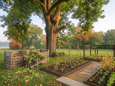 Morning in a garden with a large tree, a compost bin, a wheelbarrow, and raised beds.