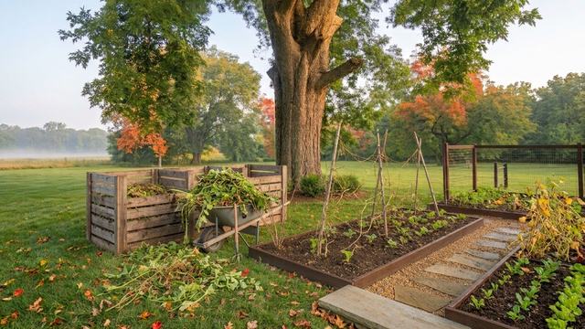 Morning in a garden with a large tree, a compost bin, a wheelbarrow, and raised beds.