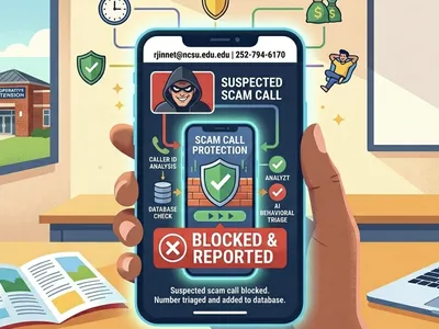 An illustration of a hand holding a smartphone that has successfully blocked a "Suspected Scam Call." The screen shows a security flowchart featuring "AI Behavioral Triage" and a large "Blocked & Reported" notification. The background shows an office sett