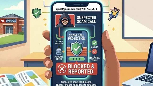 An illustration of a hand holding a smartphone that has successfully blocked a "Suspected Scam Call." The screen shows a security flowchart featuring "AI Behavioral Triage" and a large "Blocked & Reported" notification. The background shows an office sett