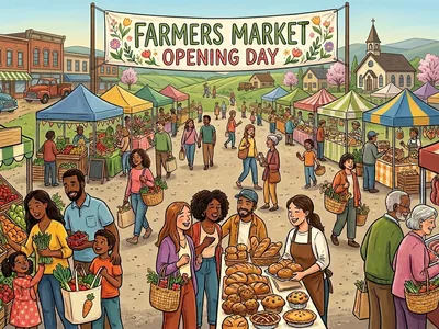 Graphic showing a farmers market with lots of colorful canopies and fresh produce, meats and baked goods with shoppers of all ages and ethnicities