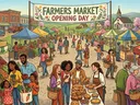 Graphic showing a farmers market with lots of colorful canopies and fresh produce, meats and baked goods with shoppers of all ages and ethnicities