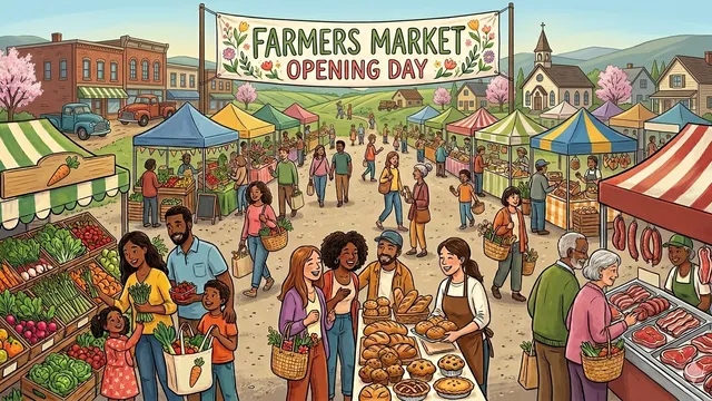 Graphic showing a farmers market with lots of colorful canopies and fresh produce, meats and baked goods with shoppers of all ages and ethnicities
