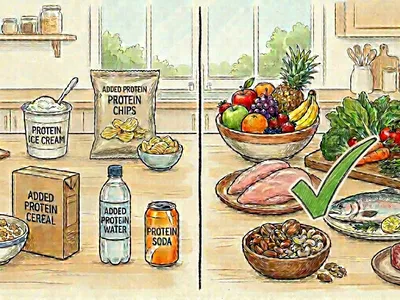 A split-screen drawing with ultra-processed, added-protein foods on the left, and whole foods on the right with a large green checkmark on top of them.