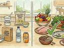 A split-screen drawing with ultra-processed, added-protein foods on the left, and whole foods on the right with a large green checkmark on top of them.
