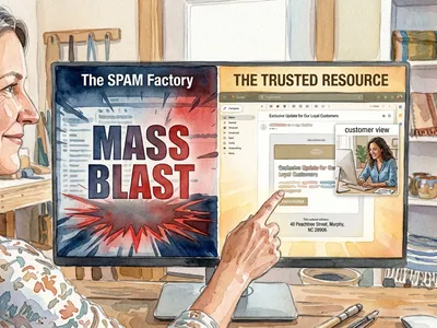 A watercolor illustration of a woman in profile in front of a computer monitor. She has a choice between "The Spam Factory" and "The Trusted Resource." Her workspace is filled with hand made crafts such as weaving and pottery.
