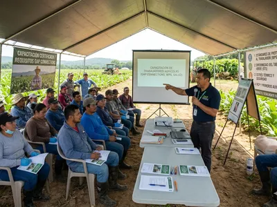 Farm workers in a field attend an outdoor safety training session under a large canopy tent.