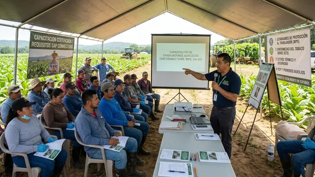Farm workers in a field attend an outdoor safety training session under a large canopy tent.