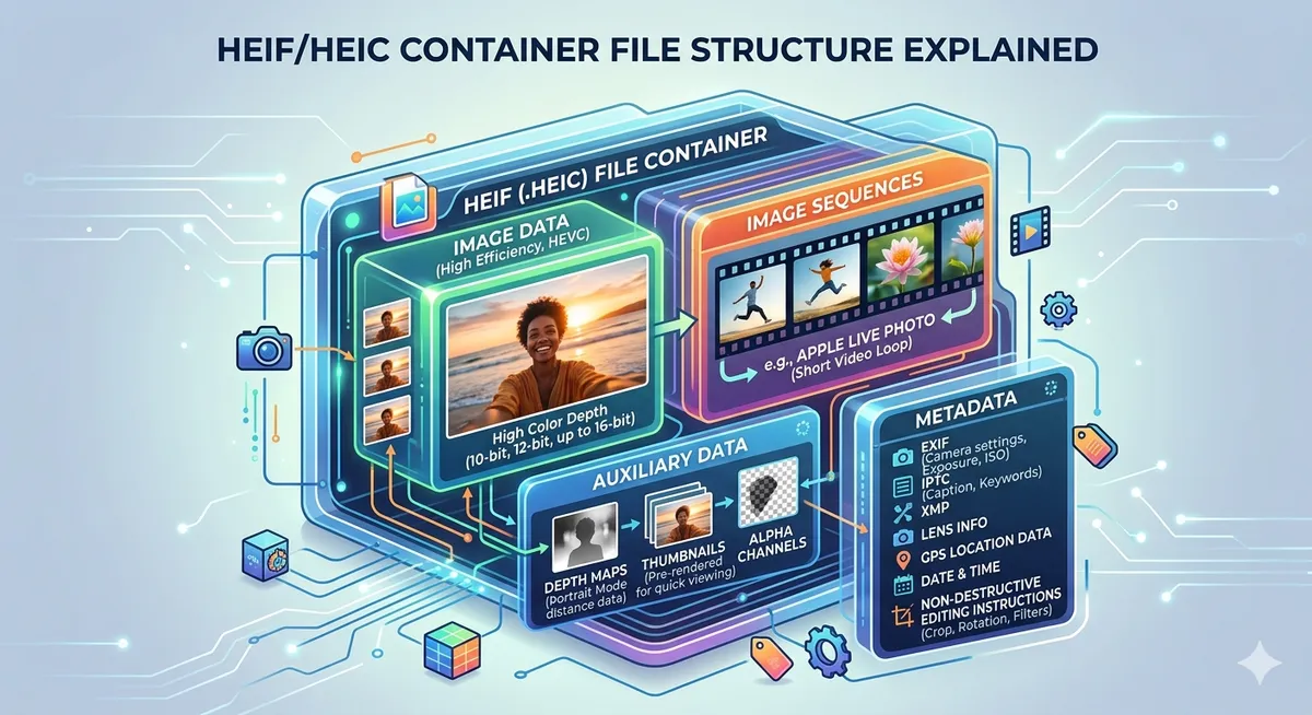 Image elements are rendered in perspective and nested into a recessed container of space. Complonents include image data, image sequences, auxiliary data and metadata.