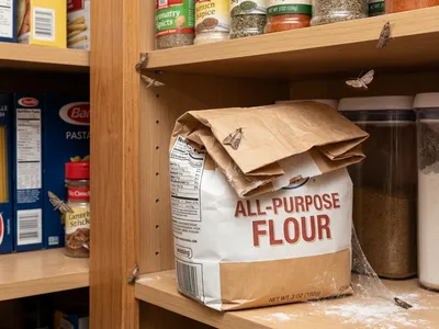 An AI generated image of pantry moths by a bag of flour in a pantry.