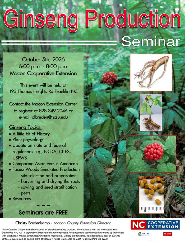 Ginseng Production Seminar on October 5th from 6:00 - 8:00 p.m.