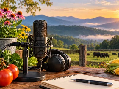 Podcast Microphone with mountains and pasture in the background