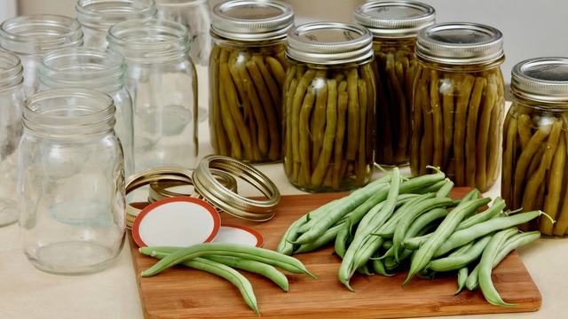 seven empty canning jars and lids beside five jars of canned green beans with fresh picked green beans laying on a cutting board.
