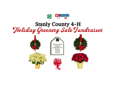 Red & white poinsettias, evergreen wreaths and a handmade bow with the words "Stanly County 4-H Holiday Greenery Sale Fundraiser"