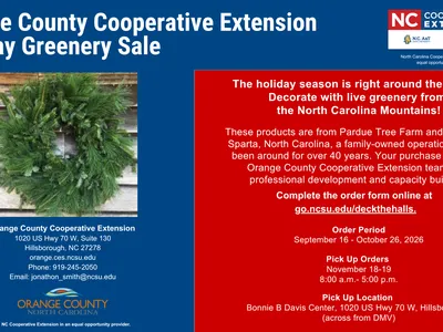 Orange County Holiday Greenery Sale September 16-October 26.  Picture of fraser fir wreath pictured with Orange County logo and NC Cooperative Extension logo.
