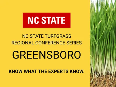 Yellow background with "NC State" in a red box at the top. Black text reads "NC State Turfgrass Regional Conference Series, Greensboro. Know what the experts know." Green grass is shown to the right.