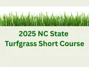 Green text '2025 NC State Turfgrass Short Course' below vibrant green grass blades, on a light background, conveying a fresh, educational theme.