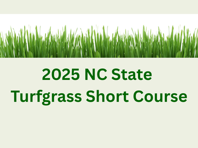 Green text '2025 NC State Turfgrass Short Course' below vibrant green grass blades, on a light background, conveying a fresh, educational theme.