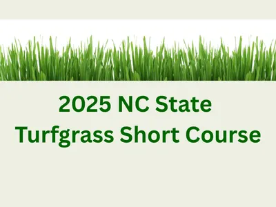Green text '2025 NC State Turfgrass Short Course' below vibrant green grass blades, on a light background, conveying a fresh, educational theme.