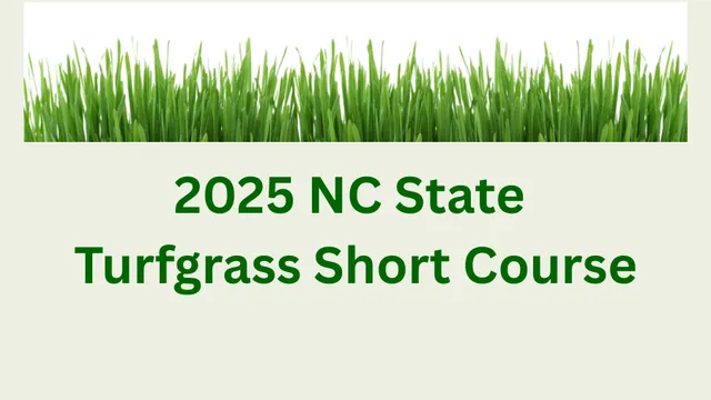 Green text '2025 NC State Turfgrass Short Course' below vibrant green grass blades, on a light background, conveying a fresh, educational theme.