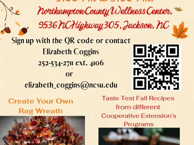 Autumn-themed event flyer titled "Fall Flavors & Fun!" on October 1, 2026, from 1:00 PM to 3:00 PM at the Northampton County Wellness Center in Jackson, NC. Features activities like creating a rag wreath and taste-testing fall recipes.