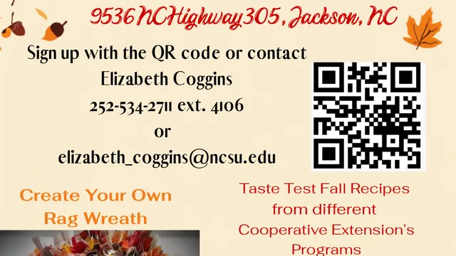 Autumn-themed event flyer titled "Fall Flavors & Fun!" on October 1, 2026, from 1:00 PM to 3:00 PM at the Northampton County Wellness Center in Jackson, NC. Features activities like creating a rag wreath and taste-testing fall recipes.