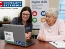A staff member helps an older woman at a laptop labeled "ID.me." NC Cooperative Extension logo and a "Digital skills" poster are visible, suggesting a digital skills training session.