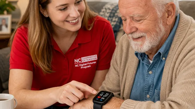 A Digital Skills Educator sits beside an older man in his home, showing him how to use a smartwatch to monitor important health information.
