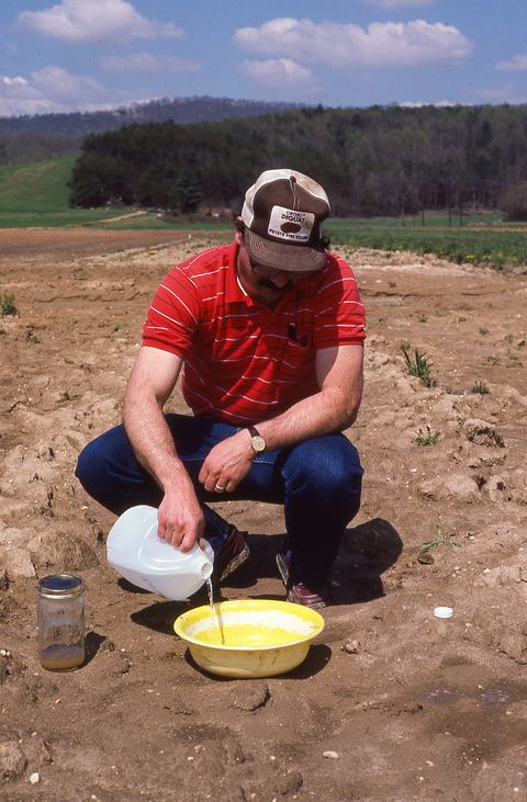 Person pouring liquid into pan in agricultural field
