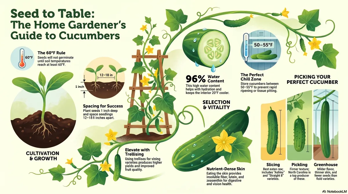 An infographic guide for home gardeners titled "Growing Greatness: The Home Gardener’s Guide to Cucumbers." It illustrates tips for planting, ideal soil environments, trellising, water content, storage temperatures, nutritional value, and a comparison tab