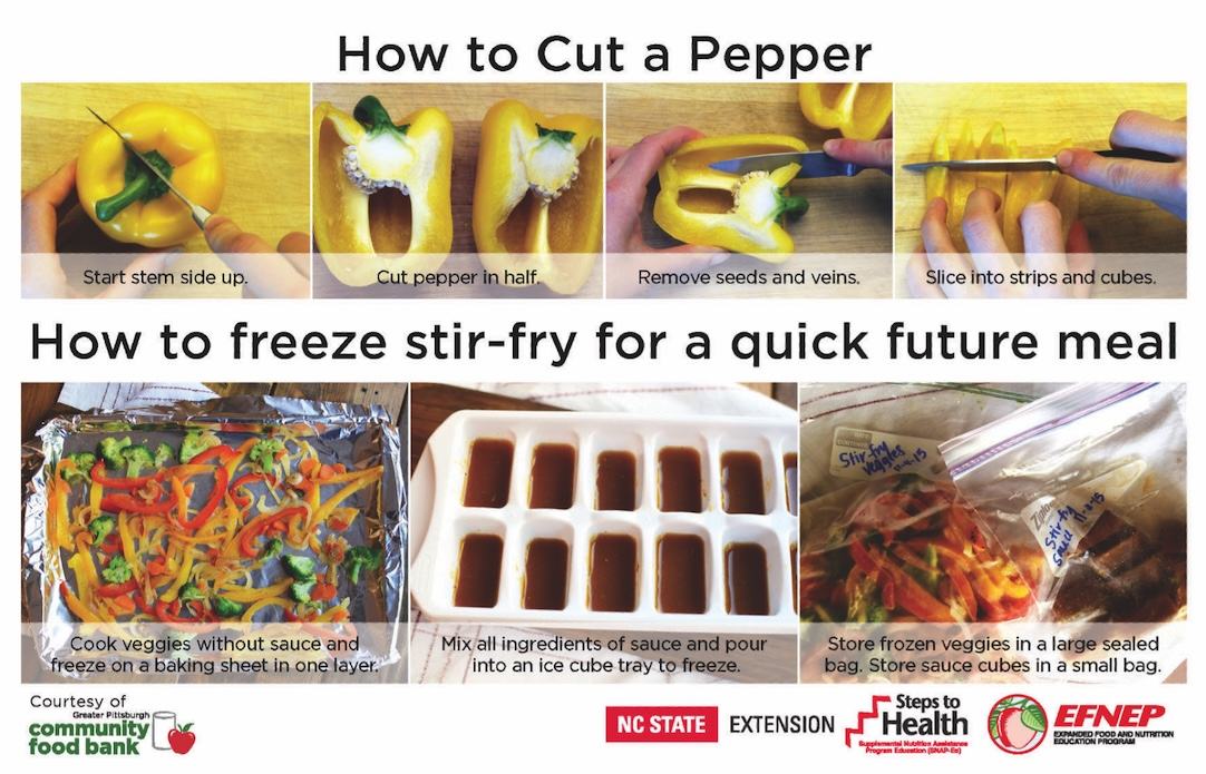 cutting a bell pepper and freezing stir-fry in an ice cube tray