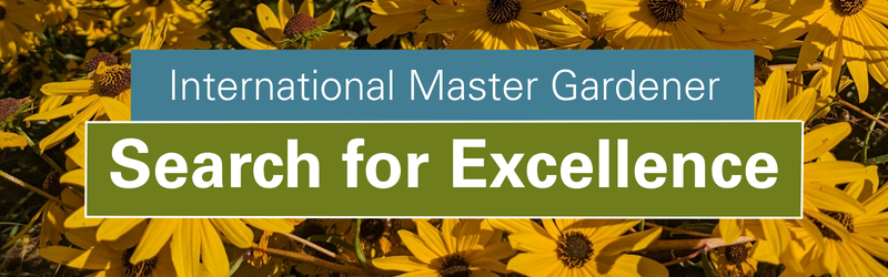 A green and blue banner reading International Master Gardener Search for Excellence overlays a background of bright yellow flowers.