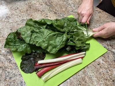 Red and Green Swiss Chard on a blue cutting board