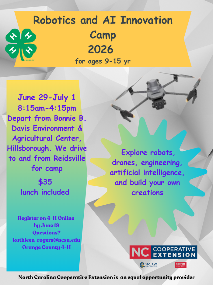 Ready to step into the future? Join us for an action-packed 4-H day camp where you are the engineer. Spend the week mastering the skies with drones, programming robots, and unlocking the secrets of Artificial Intelligence.